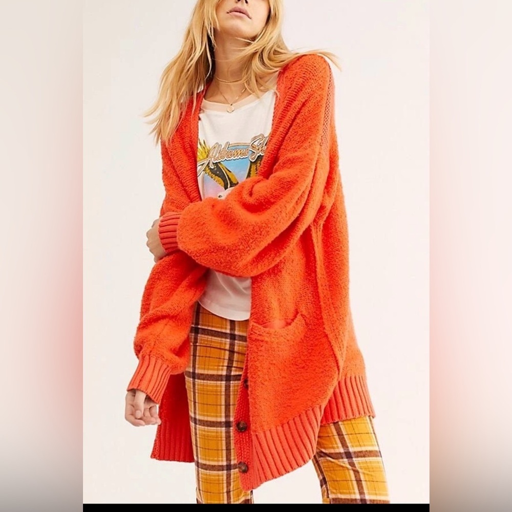 Free People Womens Snow Drop Cardigan in orange knit Small